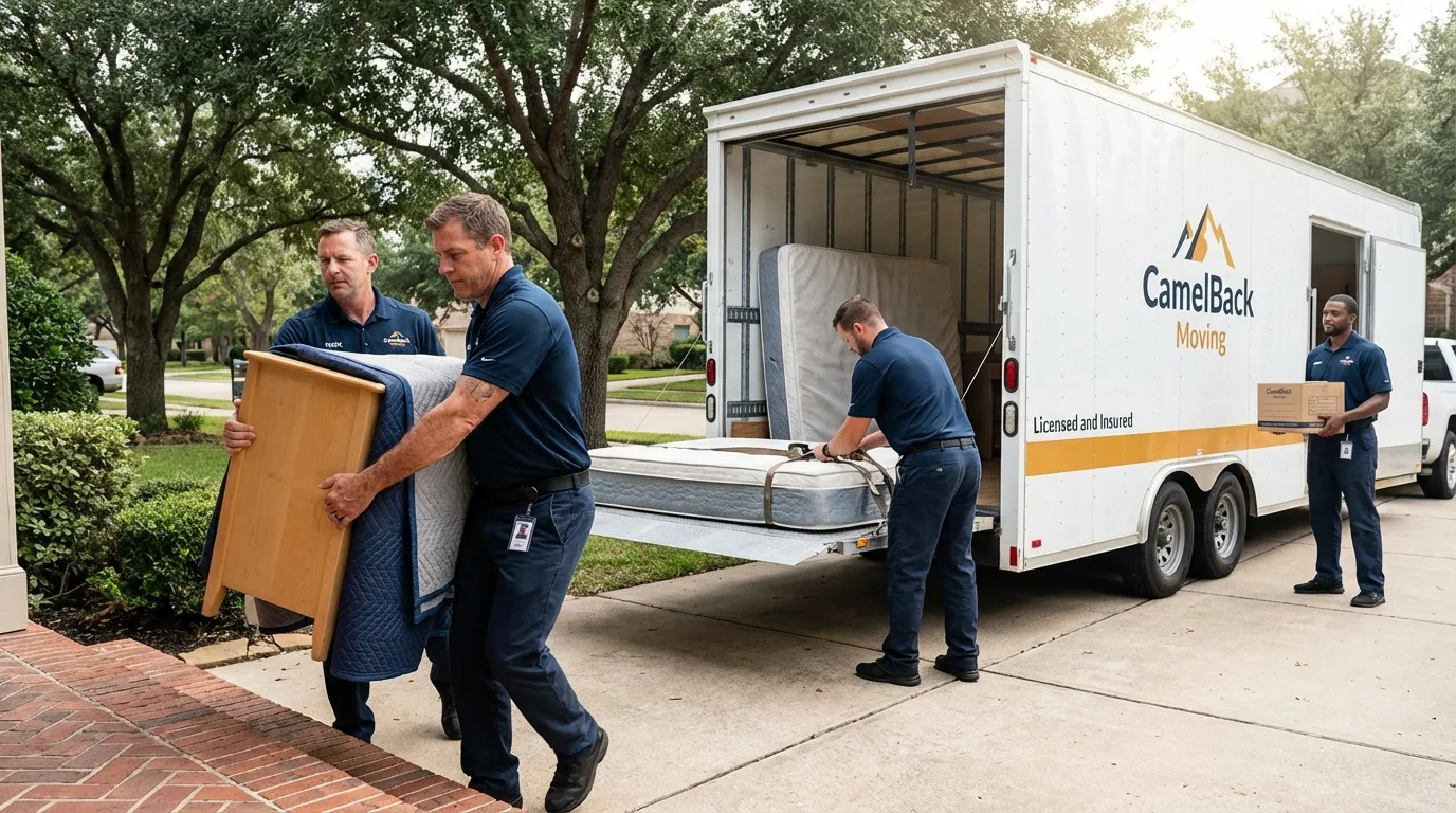 Crew loading residential truck for cross-state move from Oakville, CT
