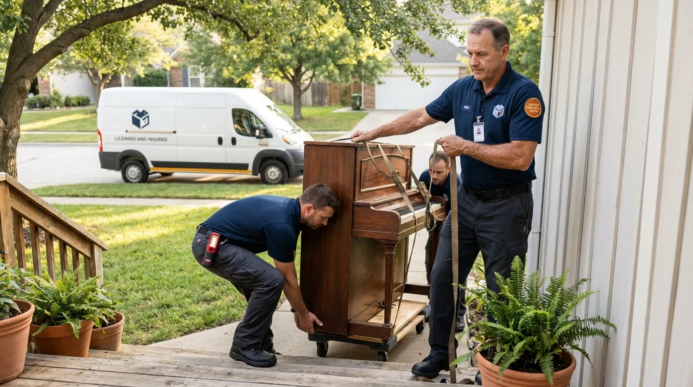 Licensed piano movers securing grand piano in Oakville, CT