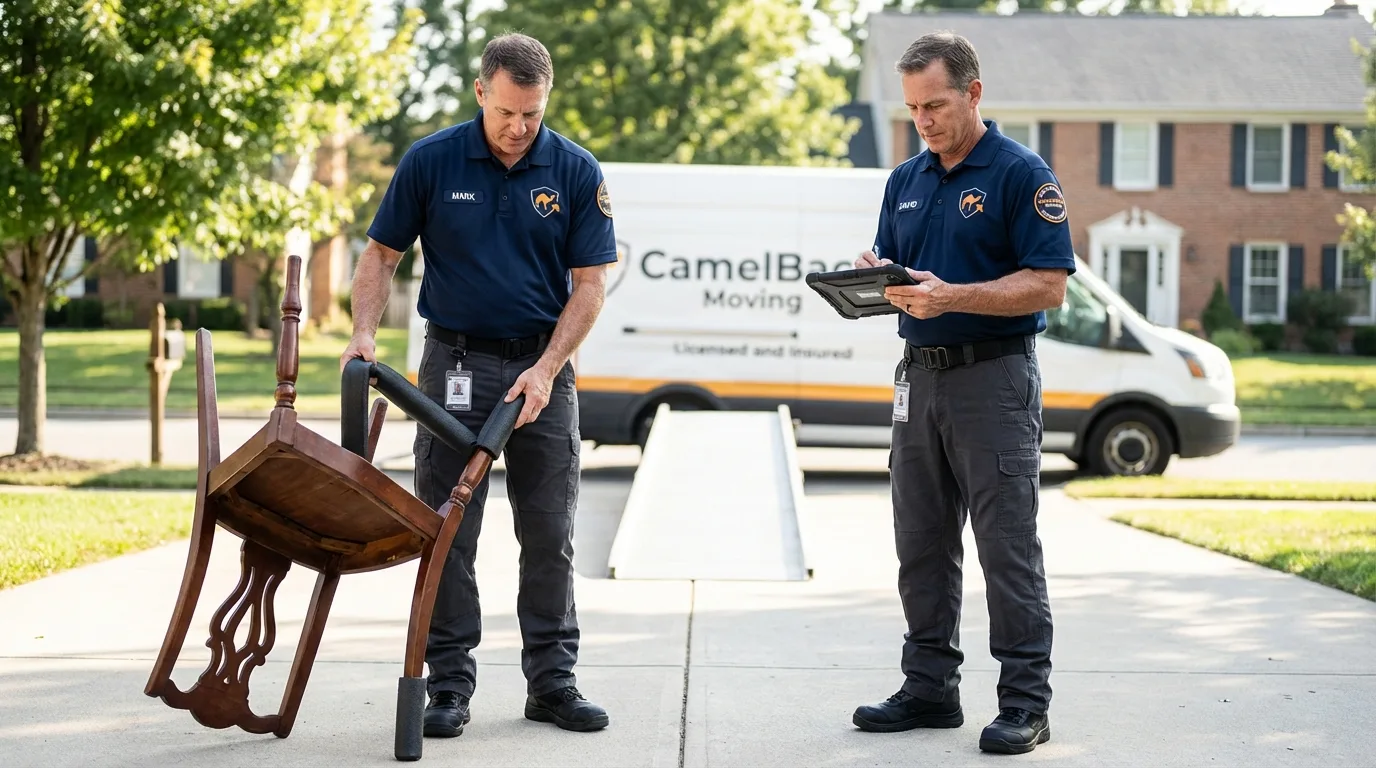 Movers inspecting furniture for damage prevention before loading in Oakville, CT