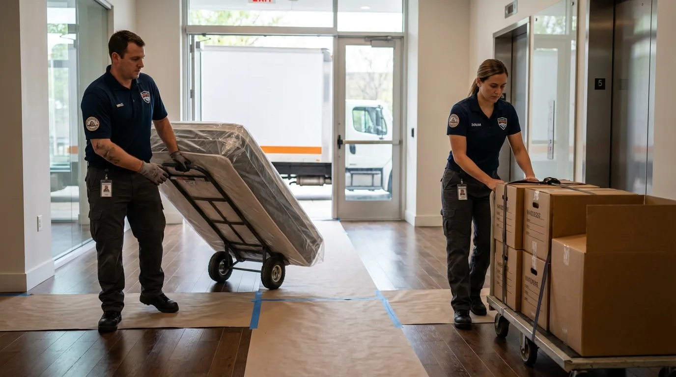 Professional apartment movers loading elevator in Oakville, CT