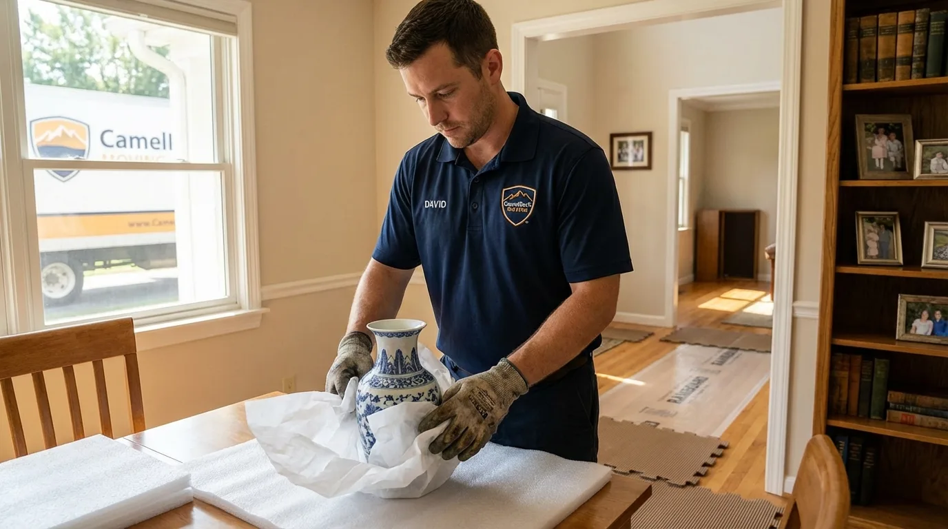 Professional crew carefully wrapping antique vase for senior downsizing move in Oakville, CT