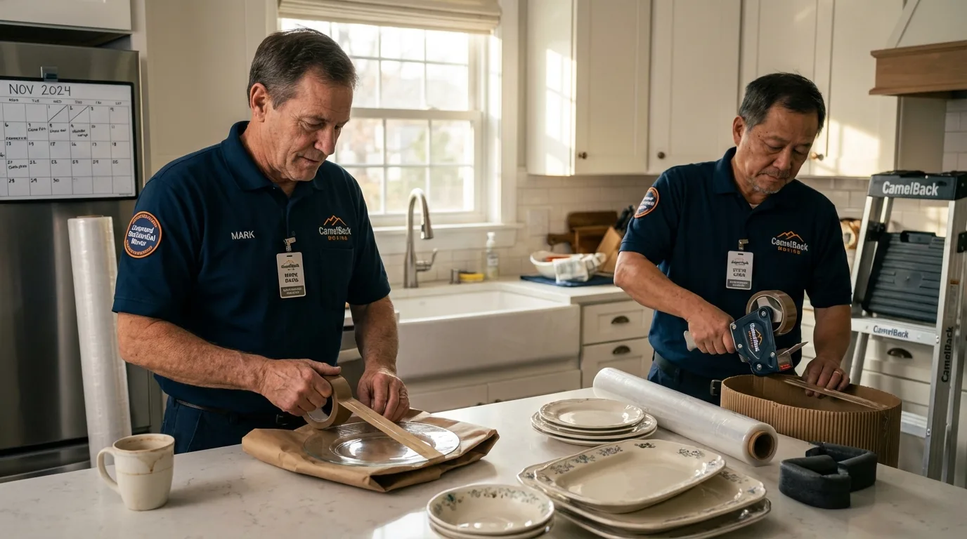 Professional crew packing kitchen dishware in Oakville, CT